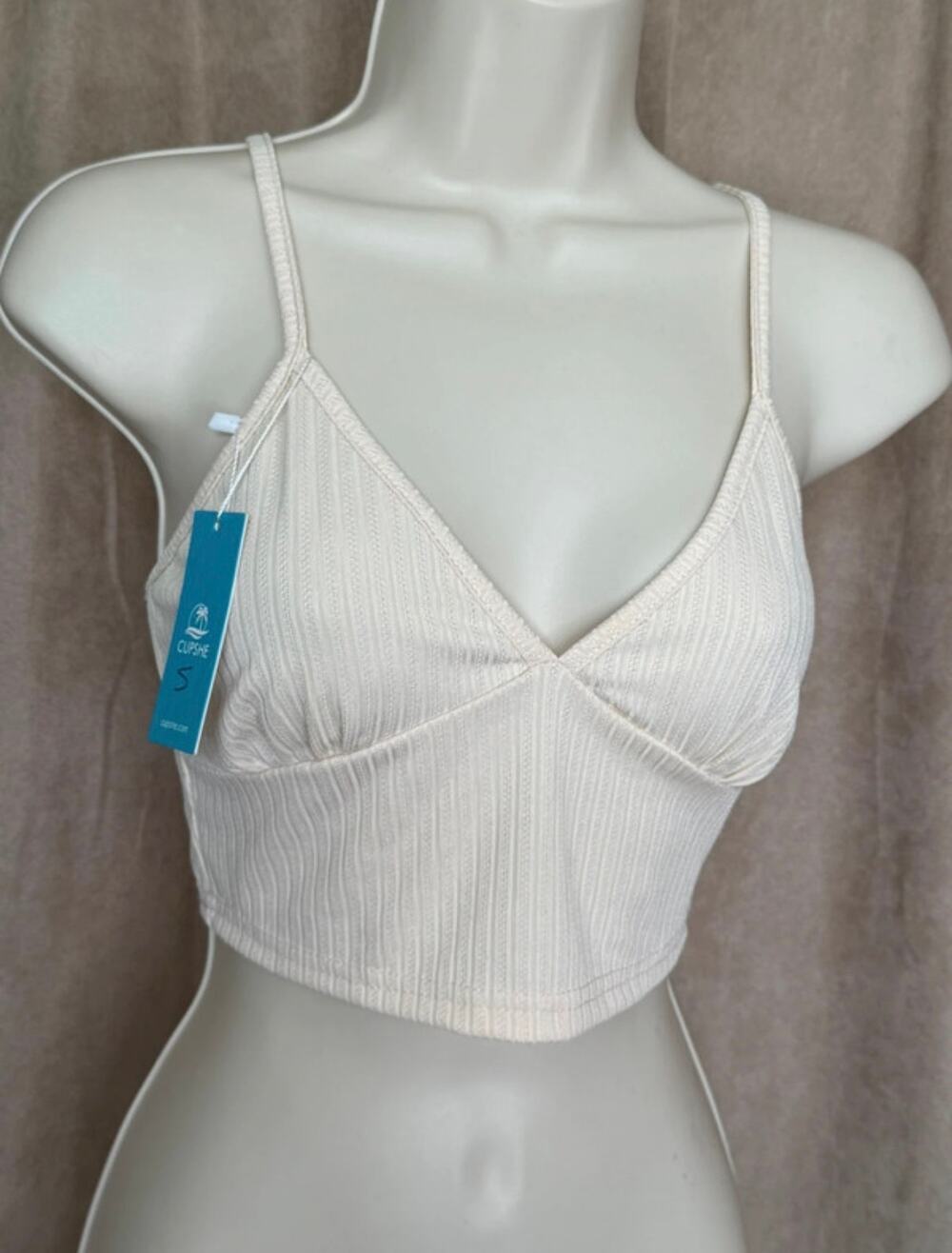 Cupshe Cream Ribbed V Neck Cami Crop Top S NWT